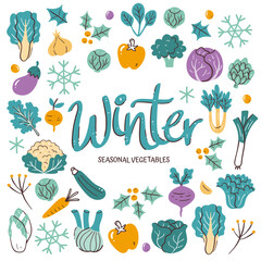 Seasonal vegetables background. Winter vegetables composition made of colorful hand-drawn vector icons, isolated on white background.