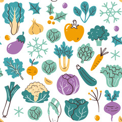 Colorful winter seasonal vegetables seamless pattern. Isolated vegetables on white background. Vector illustration.