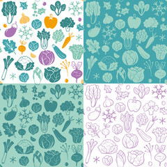 Fototapeta na wymiar Winter seasonal vegetables seamless pattern collection. Colorful, flat silhouette and doodle style. Isolated vegetables on white background. Vector illustration.