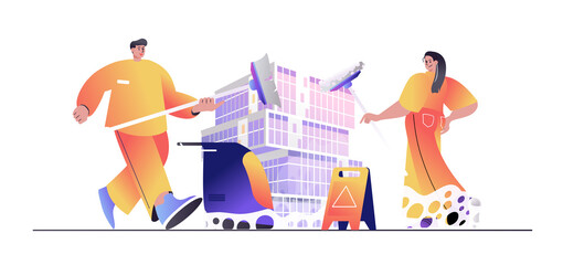 Cleaning service concept for web banner. Man and woman employees with mops clean office spaces or do housework modern people scene. Illustration in flat cartoon design with person characters
