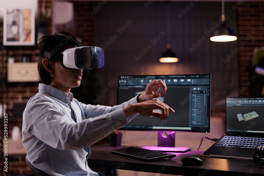 Poster industry technician engineering machine product, working with vr glasses and cad software on monitor