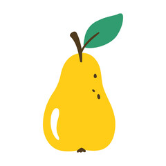 Cute yellow pear with a leaf. Vector flat hand drawn illustration or icon in cartoon style
