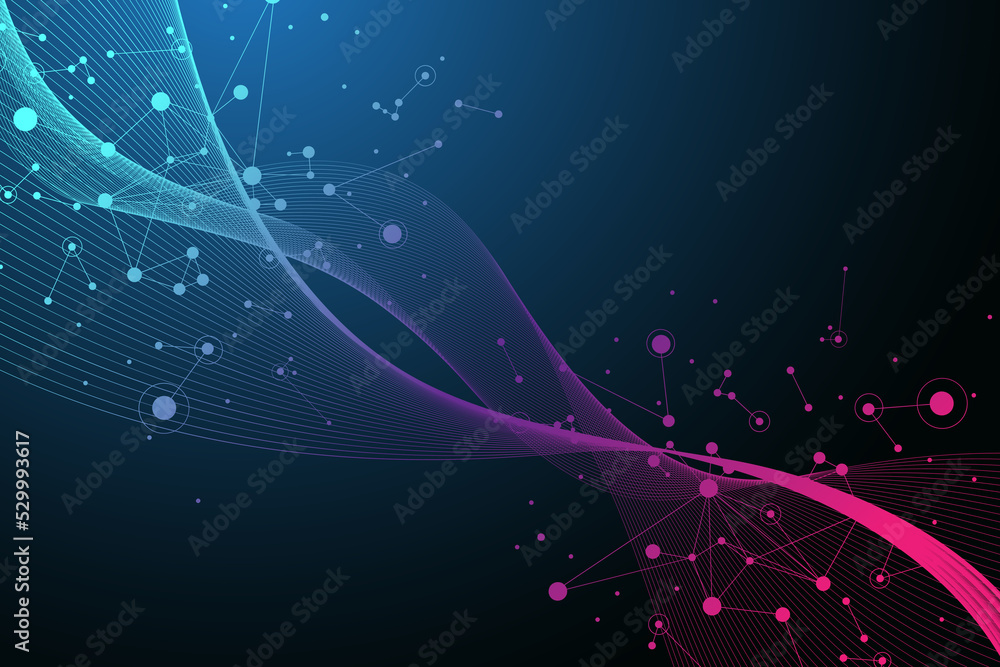 Leinwandbilder Digits abstract background with connected line and dots, wave flow illustration. Digital neural networks. Network and connection background for your presentation