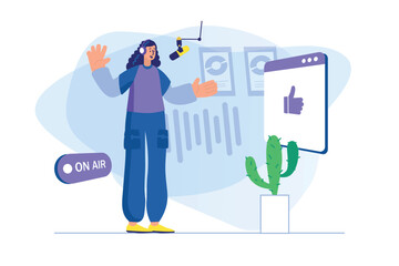 Podcast streaming concept with people scene. Vector illustration