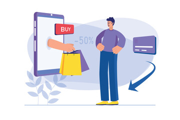 Mobile commerce concept with people scene. Vector illustration