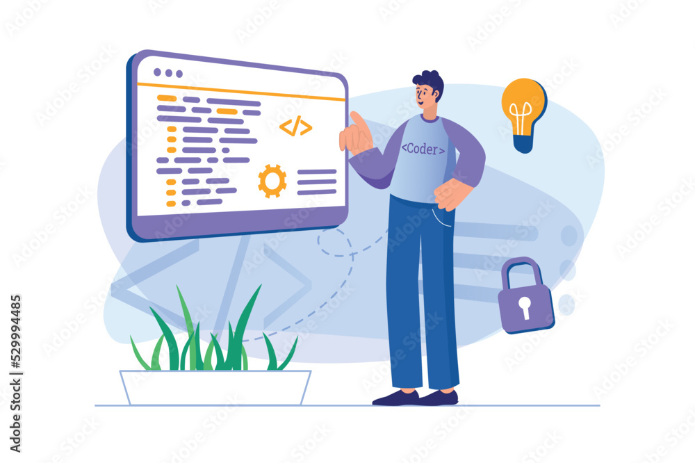 Poster programmer working concept with people scene. vector illustration