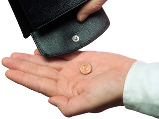 Financial distress, hand holds the last penny from the wallet