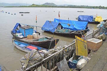 Traditional wooden fishing boats in the port , India