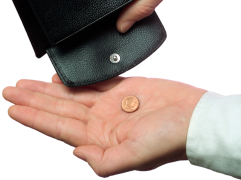Financial distress, hand holds the last penny from the wallet