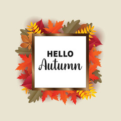 Hello Autumn wood square frame with leaves