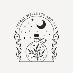 Herbal potion logo template. Boho vector emblem for botanical healing, medicinal herbs, essential oils, aromatherapy, natural beauty product, etc. Trendy badge with magic elixir bottle, stars and moon