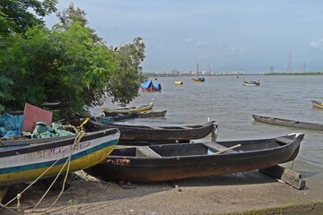 Naklejka na ściany i meble Traditional wooden fishing boats in the port , mumbai, india