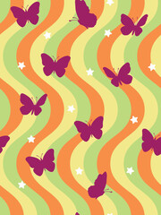 Abstract Funky Wavy Stripes Butterfly Silhouettes Stars Retro Minimalist Geometric Simple Pattern Trendy Fashion Colors Perfect for Allover Fabric Print or Wrapping Paper