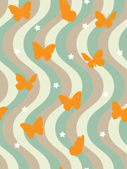 Abstract Funky Wavy Stripes Butterfly Silhouettes Stars Retro Minimalist Geometric Simple Pattern Trendy Fashion Colors Perfect for Allover Fabric Print or Wrapping Paper