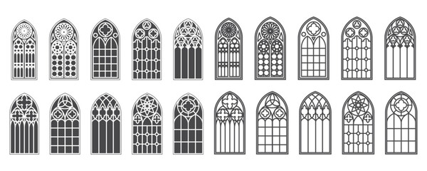 Church windows set. Silhouettes of gothic arches in line and glyph classic style. Old cathedral glass frames. Medieval interior elements. Vector - obrazy, fototapety, plakaty