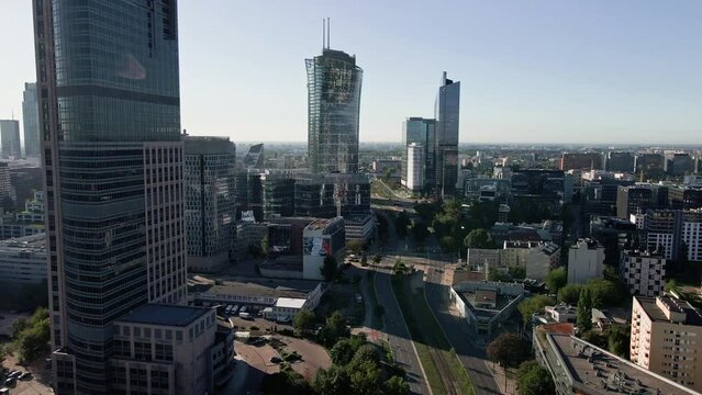 Warsaw city panorama, Aerial view of cityscape with modern skyscrapers.