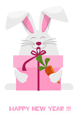 Happy New Year 2023, Cartoon Rabbit Zodiac. Greeting card template, Bunny with gift box and carrot.