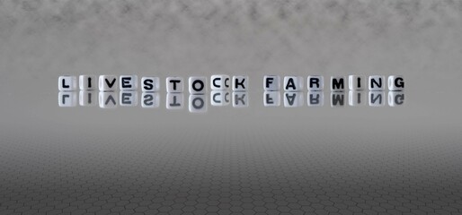 livestock farming word or concept represented by black and white letter cubes on a grey horizon background stretching to infinity