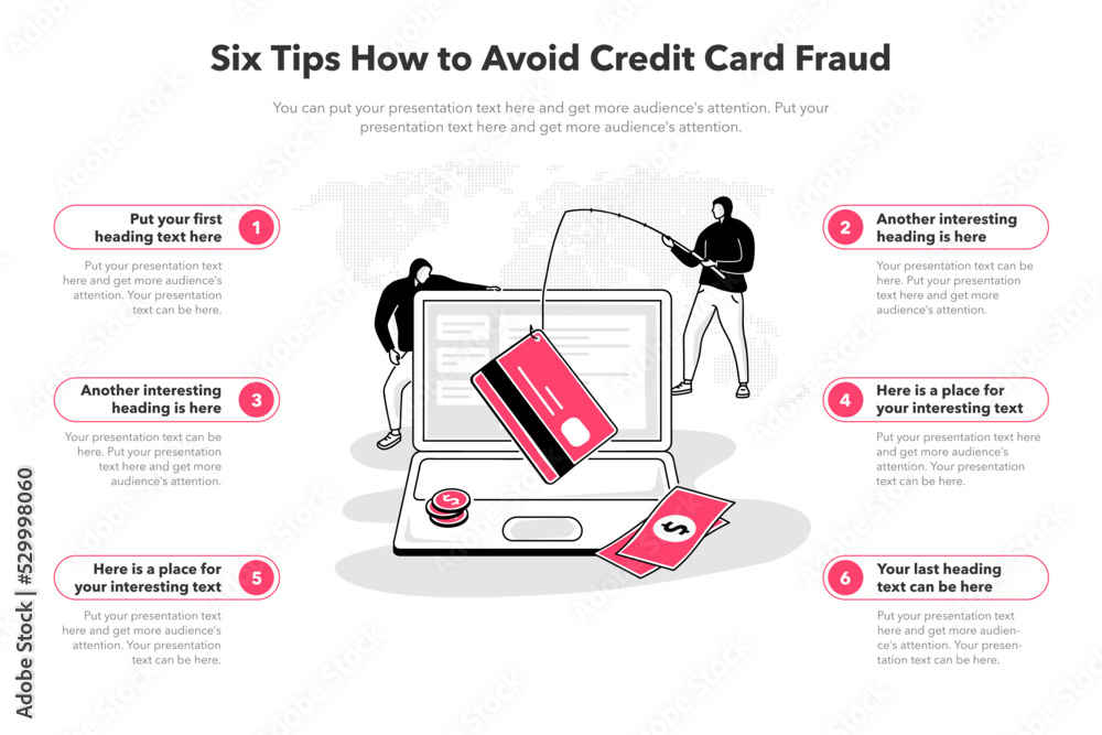 Aufkleber simple infographic template for how to avoid credit card fraud. 6 stages template with a laptop and 