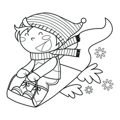 Funny boy sliding with her sledge, winter clipart
