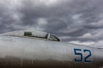 Fototapeta na wymiar Russian air force aircraft cabin cocpit grey cloud sky