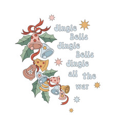 Retro 60s 70s Christmas jingle bells garland vector illustration isolated on white. Hippie Groovy Xmas ornaments poster for Holiday season greeting postcard and invitation design.