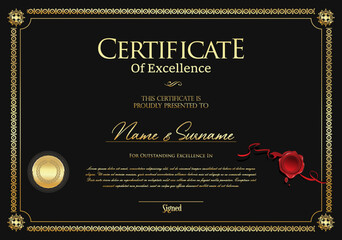 Certificate or diploma black and gold design vector illustration  - obrazy, fototapety, plakaty