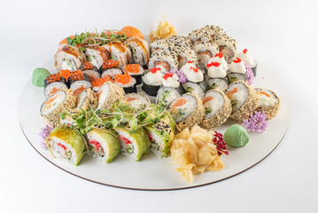 set sushi rolls on white background