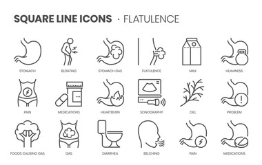 Flatulence related, pixel perfect, editable stroke, up scalable square line vector icon set.