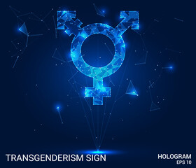 The hologram is a transgender sign. A transgender sign made of polygons, triangles of points and lines. The transgender sign icon is a low-poly compound structure. Technology concept vector.