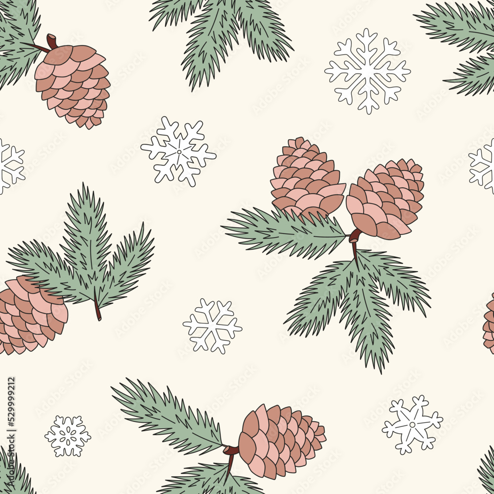 Wall mural retro 60s 70s spruce cone snowflake winter forest vector seamless pattern. hippie groovy vintage chr