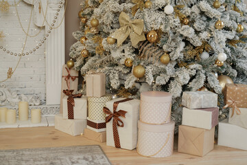 Fototapeta na wymiar Presents and Gifts under Christmas Tree, Winter Holiday Concept