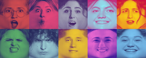 Duotone effect. Collage made of funny stretched faces of different young people expressing...