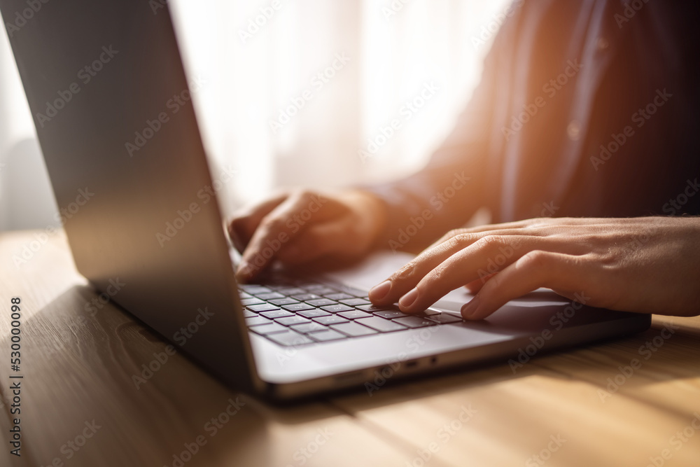 Poster man working on a laptop, desk worplace for coding
