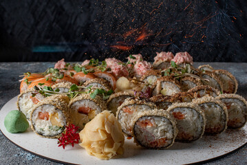 grilled sushi rolls in fire