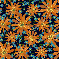 Bright seamless background with orange and blue flowers. Vector illustration