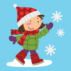 Cute girl playing with snowflakes, winter illustration