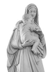 Ancient statue of the mother Vigin Mary carrying the baby Jesus Isolated on white background with clipping path. Religion sculpture © Ruslan Gilmanshin