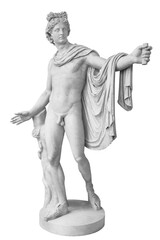 Perspective view of famous roman greek copy of apolo di belvedere sculpture isolated on white background