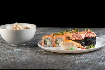 Lunch set. Sushi rolls and soup