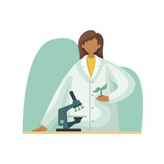 Vector illustration of a biologist in a white coat studying a plant under a microscope. Professions. Flat style - obrazy, fototapety, plakaty