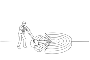 Cartoon of businessman break down dartboard target into chunks. Metaphor for break down big goal into small achievable goals. Continuous line art style