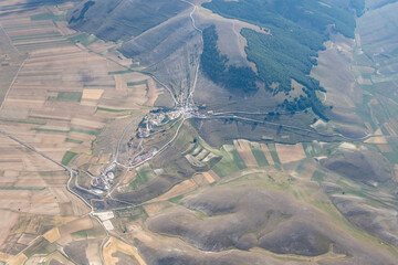 Castelluccio after earthquake, aerial, Italy