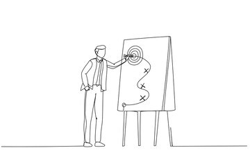 Cartoon of smart businessman presenting business winning strategy on whiteboard. Metaphor for business strategy planning, marketing tactic to achieve target. Single continuous line art style