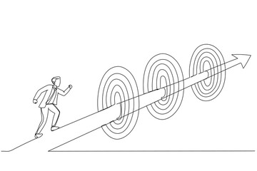 Drawing of businessman running on arrow way through targets. Metaphor for achievements or challenge to achieve targets and business goals. Single continuous line art