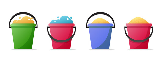 Bucket with water foam soap bubbles flat icon and pail with sand objects set graphic illustrated clipart
