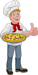 Chef Cook Man Cartoon Holding A Pizza
