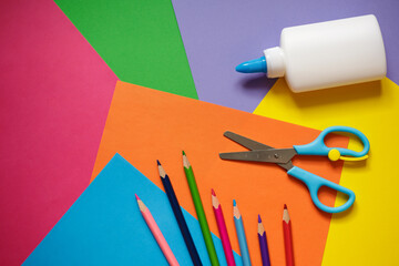 preschool art lesson background - colorful paper, pencils, glue and scissors - obrazy, fototapety, plakaty