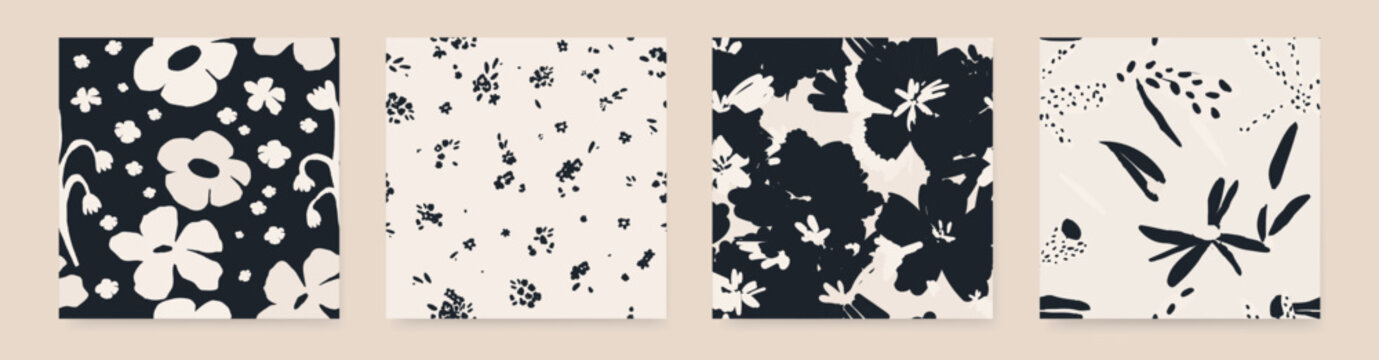 Hand drawn minimal abstract flower pattern set. Collage contemporary print. Fashionable template for design. Black and white palette.