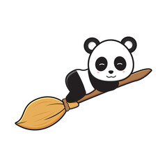 Cute panda is flying with broom halloween mascot icon cartoon illustration flat cartoon style